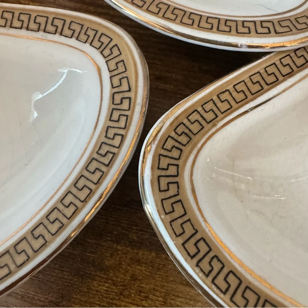 W‎ H Grindley England Bone Dishes Set 4 Crescent Greek Key Gold Antique